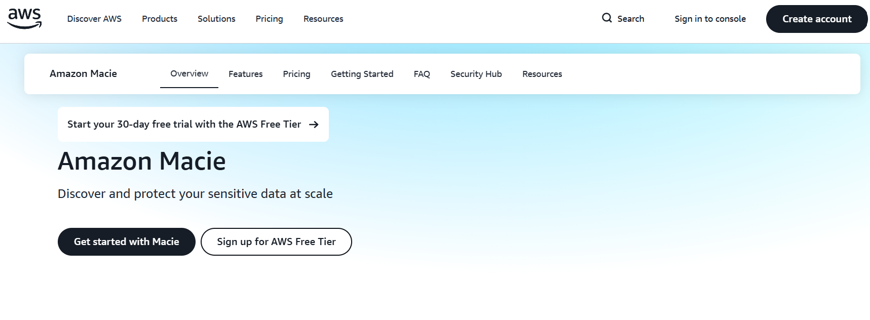 Amazon Macie homepage