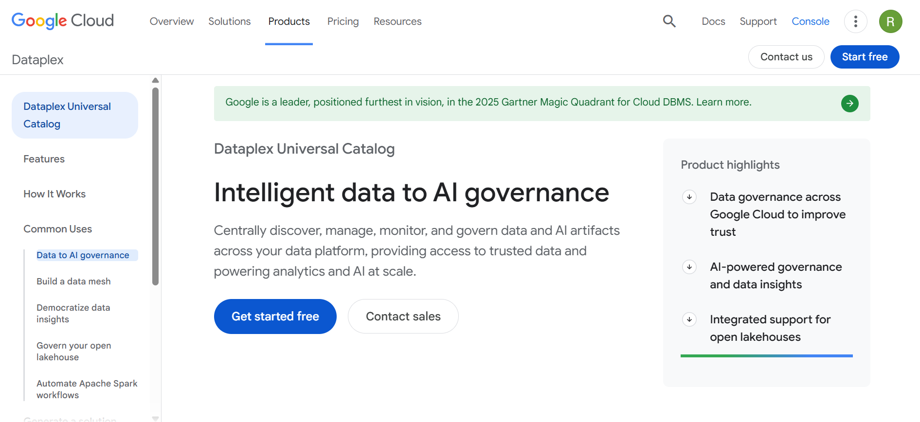 Google Cloud Dataplex homepage