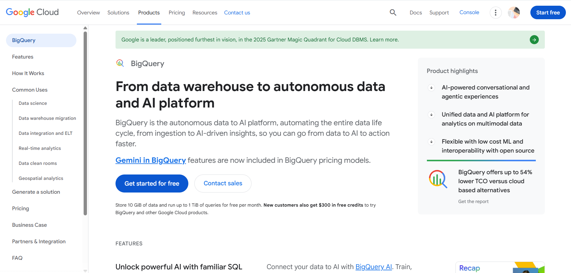 Google BigQuery homepage