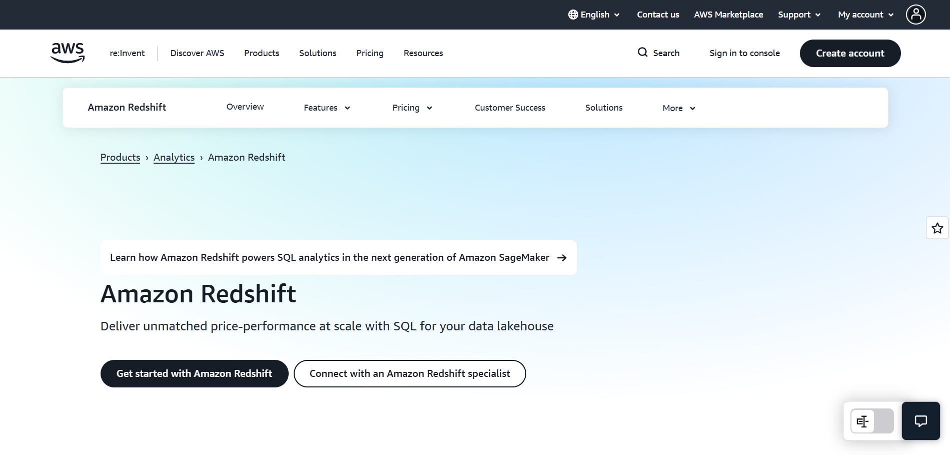 Amazon Redshift homepage