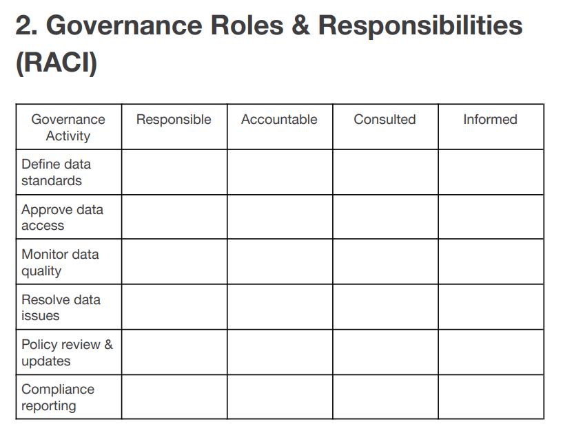 Image of RACI section from Downloadable Ovaledge Data Governance Framework Template