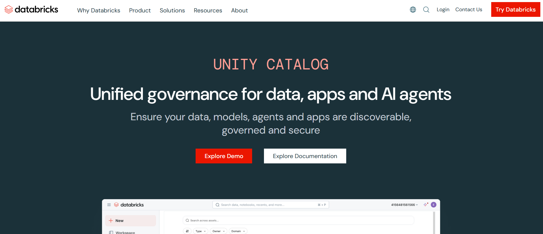 Unity Catalog homepage