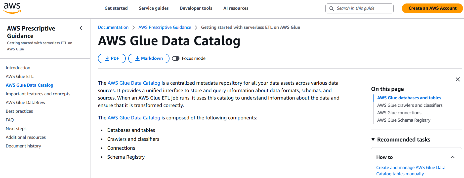 AWS Glue Data Catalog homepage