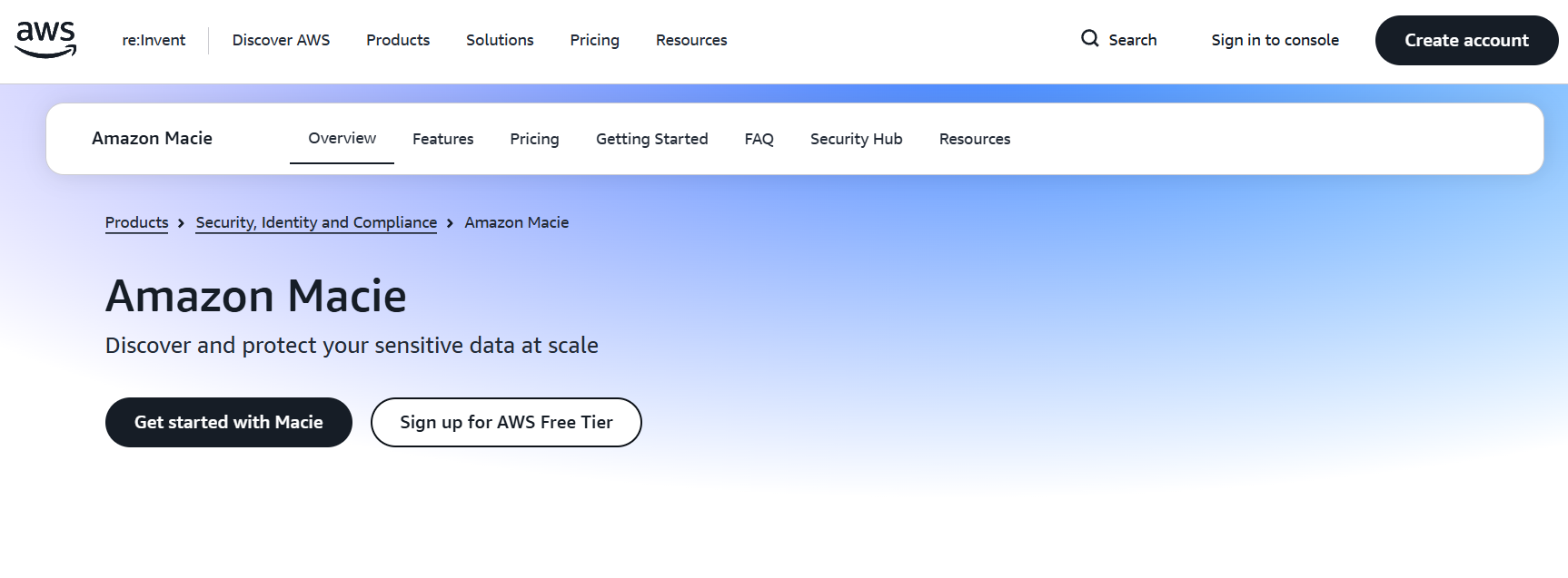 Amazon Macie homepage