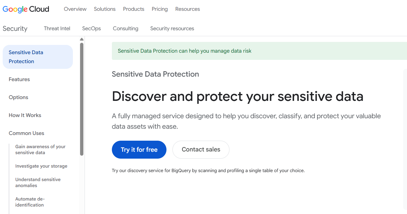 Google Cloud Sensitive Data Protection homepage