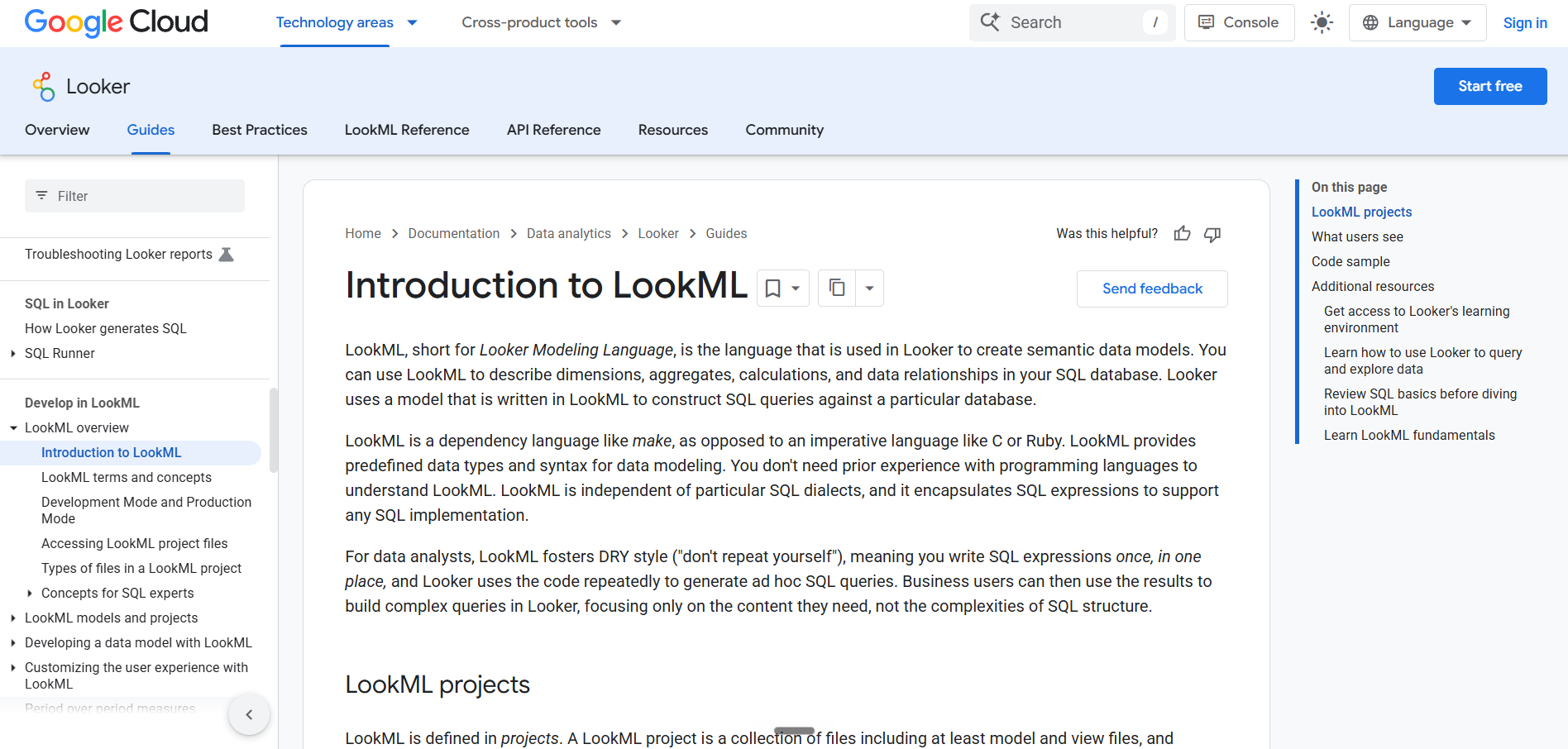 Looker LookML homepage