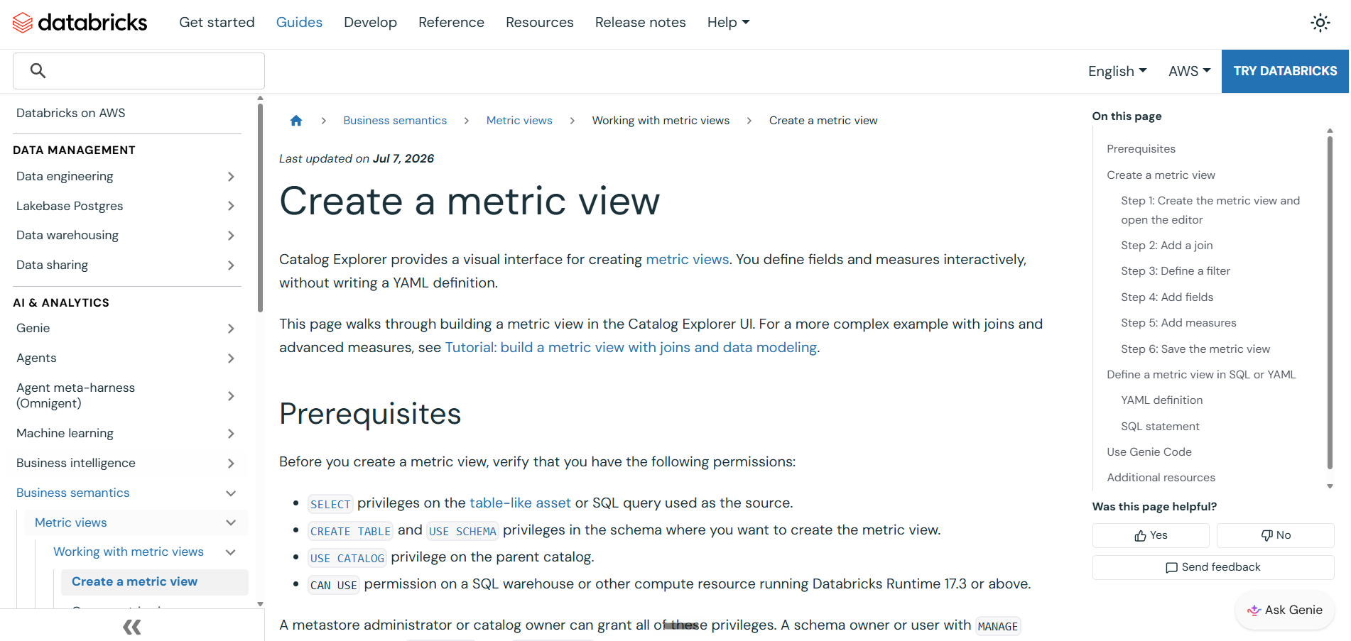 Databricks Metric Views homepage