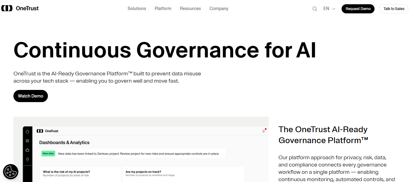 OneTrust AI Governance homepage
