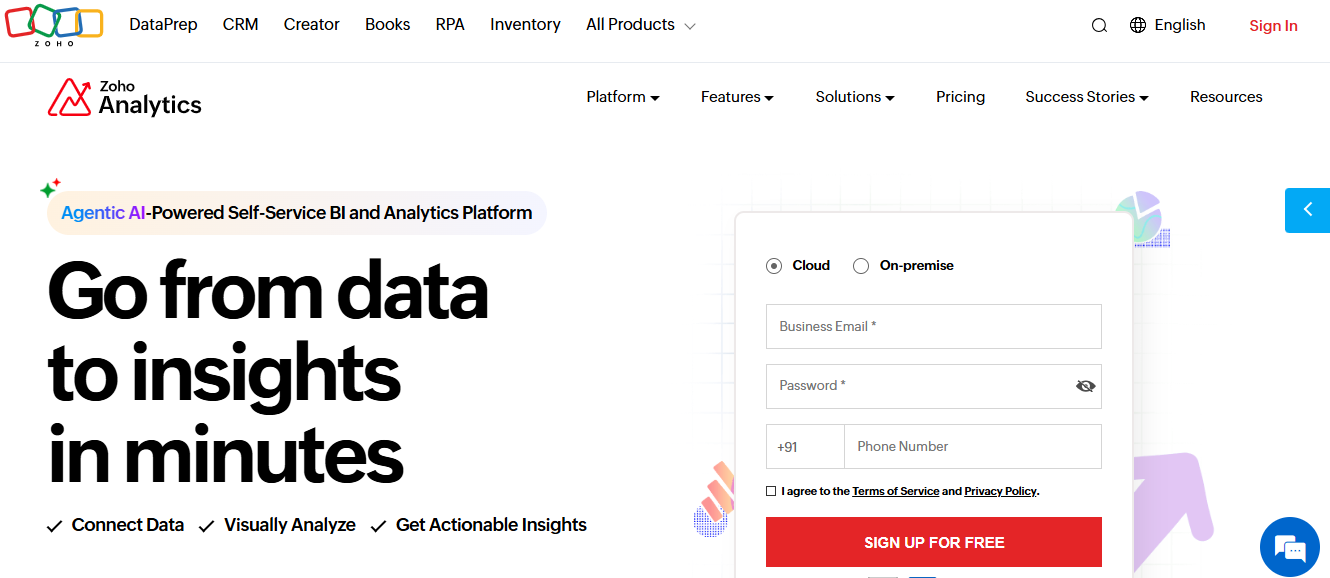 Zoho Analytics hompage