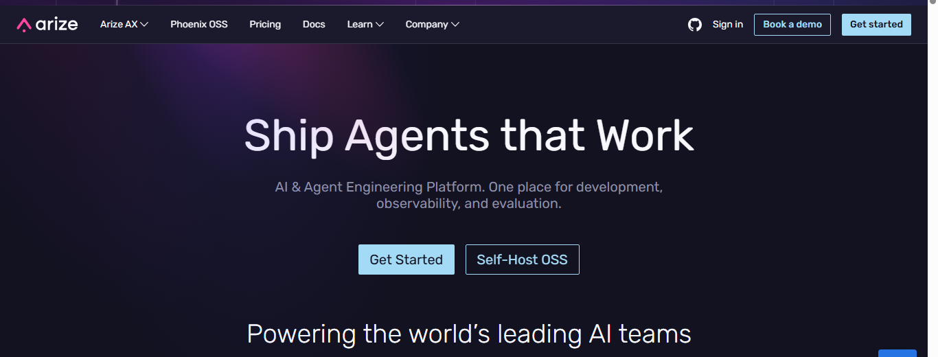 Arize AI homepage