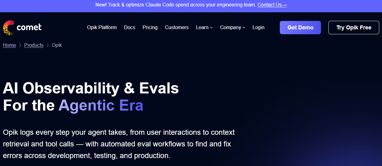 Opik by Comet homepage