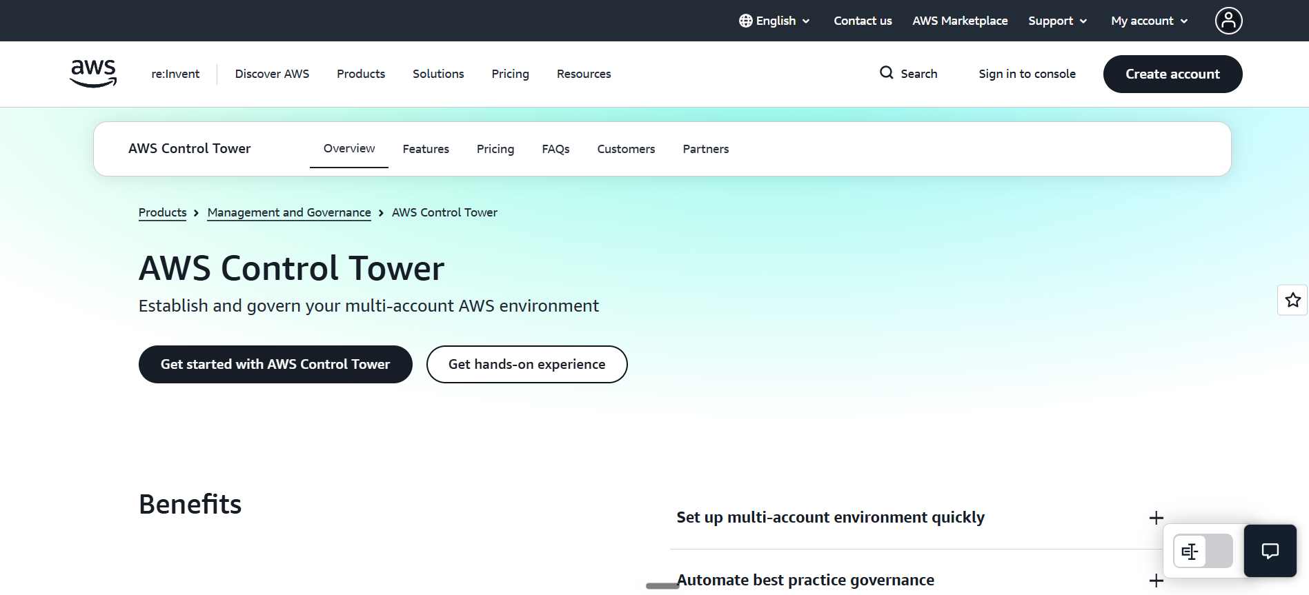 AWS Control Tower homepage