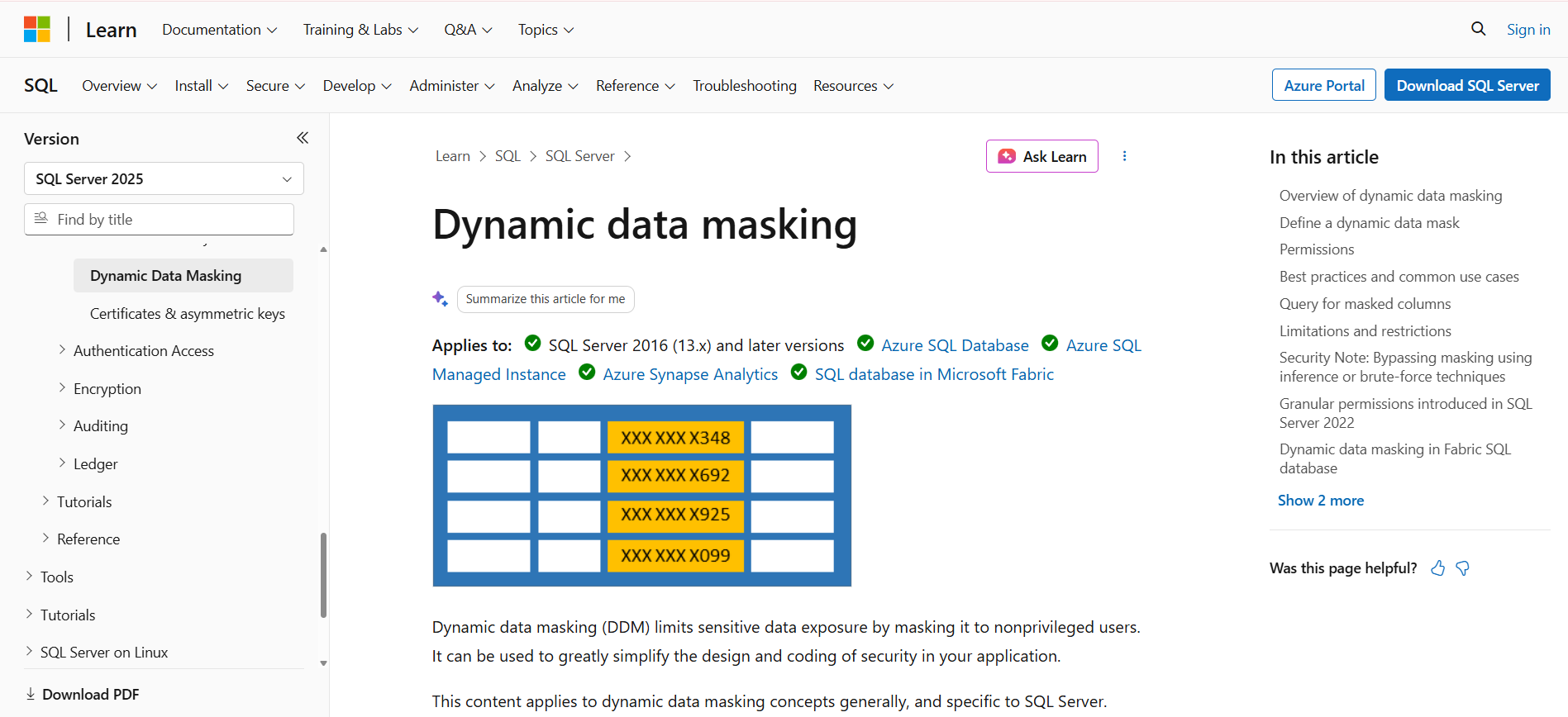 Microsoft SQL Server and Azure SQL Dynamic Data Masking homepage