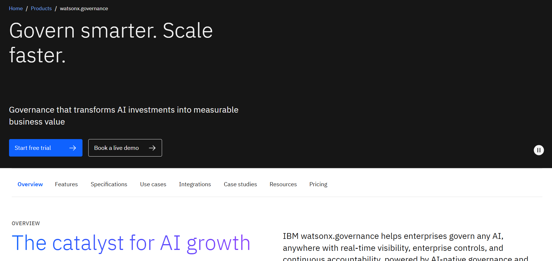 IBM watsonx.governance homepage